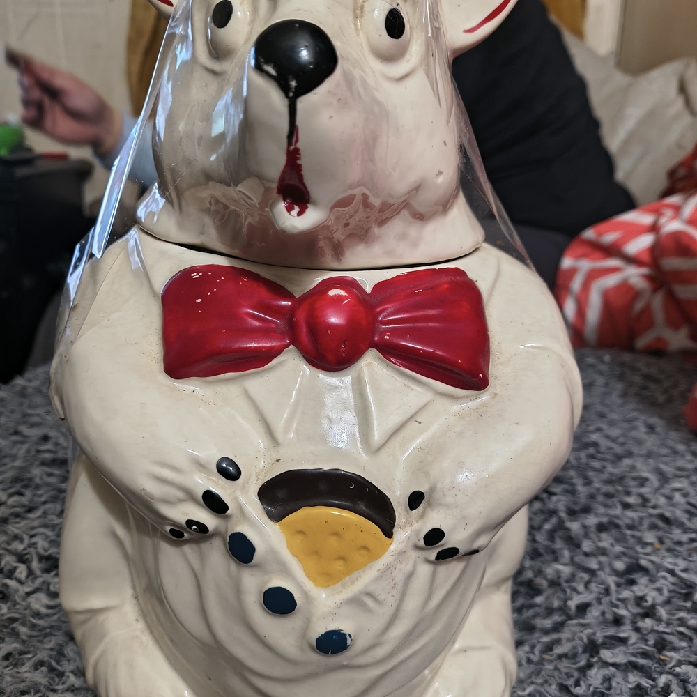 Mccoy Cream Dog Treat Jar with Red Bow and Black Details
